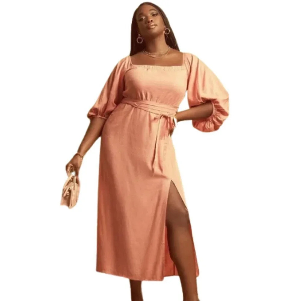 Eloquii Peach Midi Dress with Puff Sleeves
